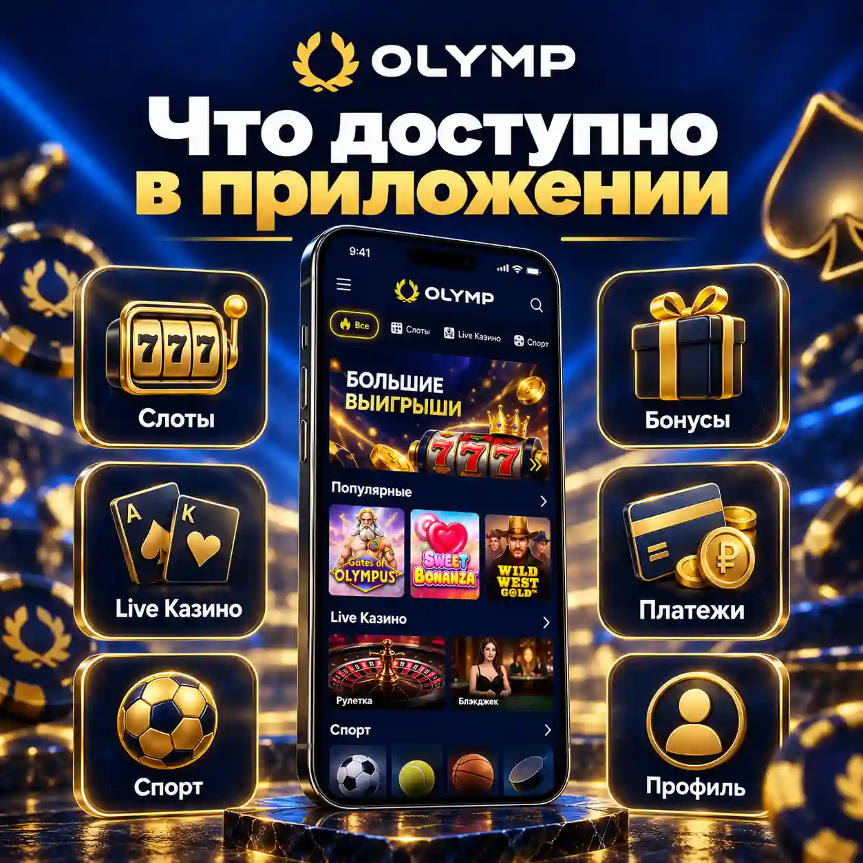 Функции приложения Olimp Casino слоты Live Casino спорт бонусы и платежи